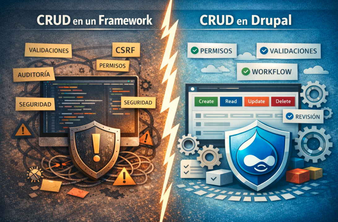 Infografía de CRUD en un framework versus CRUD en Drupal